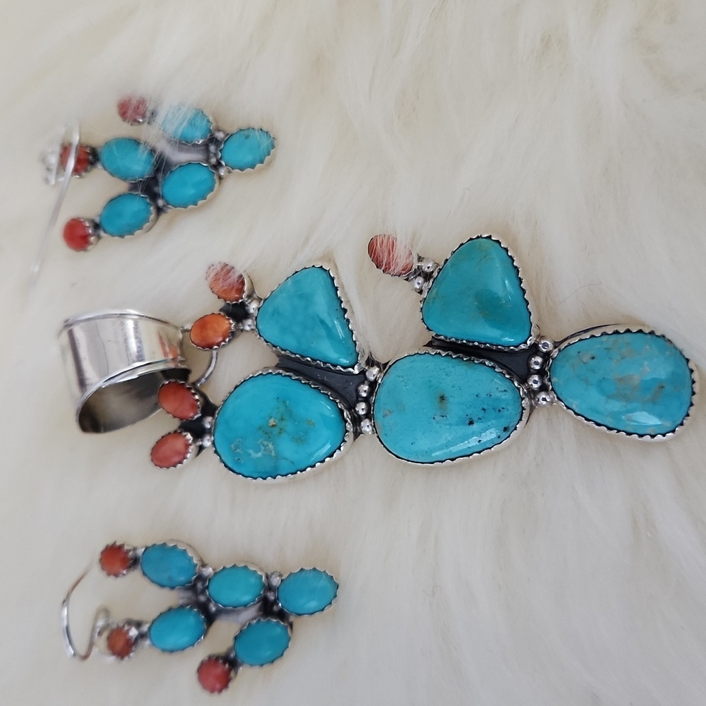 NWT Native American Navajo Turquoise Cactus Dangle Earrings 🩵🌵🧡 - Picture 9 of 12